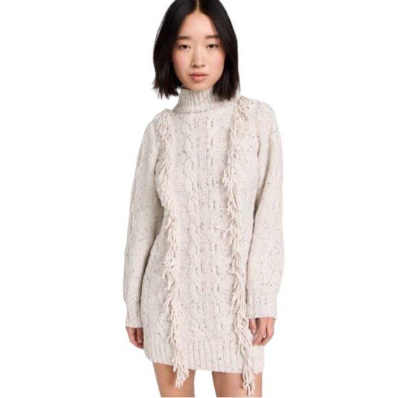 NEW Line & Dot Daria Fringe Trim Mini Sweater Dress, Size Large in Ivory - Picture 3 of 16